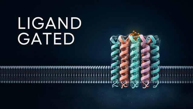 Ligand gated ion channel protein structure with colorful spiral strands and gray beads on a dark background