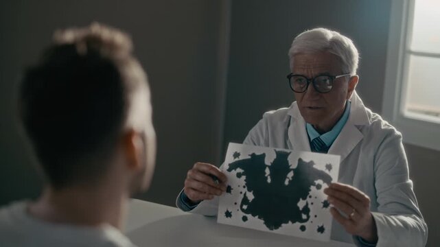 Over shoulder of senior Caucasian psychiatrist showing Rorschach inkblot test to male patient in clinic, then writing notes on clipboard. Suitable for mental health and therapy promotions