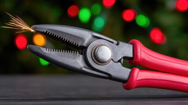 Old metal pliers cut through a red electrical cable while sparks fly in a blurred environment of green and red lights