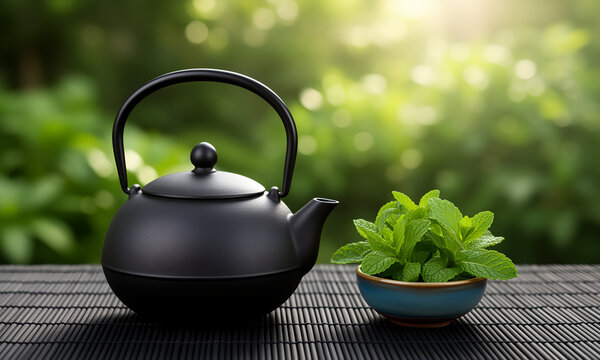 Black Japanese Cast Iron Teapot with Fresh Mint Leaves on a Bamboo Mat Outdoor