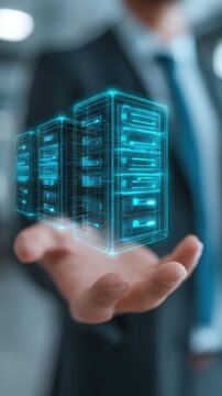 Close up of a person's hand holding a holographic projection of data centers in a modern office setting with a professional appearance