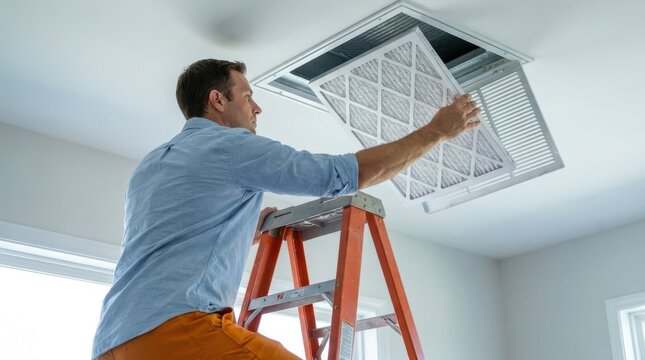 Man on a ladder replacing air filter in a ceiling HVAC vent at home, improving air quality.