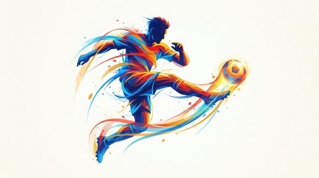 Man kicking a soccer ball with colorful motion lines