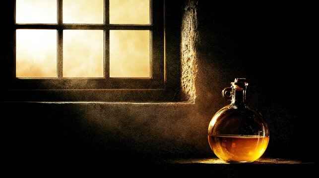 Sunlight through barn window illuminating corner sphere glass demijohn with amber liquid and dust motes, rustic warm still life
