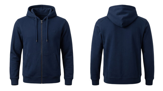 Navy blue zip up hoodie front and back isolated on transparent background