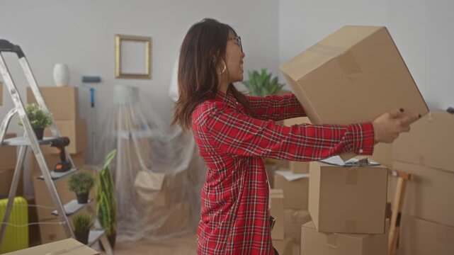 Woman lifting a cardboard box with hands visible in building filled with packed boxes and wrapped furniture; moving day joy.