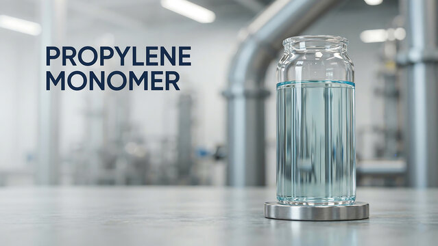 Clear liquid in a glass jar on a metal base in an industrial setting with pipes and machinery in background  propylene monomer