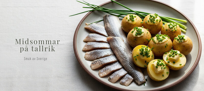 Traditional midsummer plate with pickled herring and boiled potatoes garnished with herbs. The scene conveys Swedish cuisine, seasonal celebration, and festive summer dining
