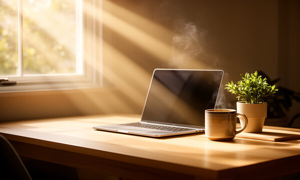 Modern laptop on a sunlit wooden desk with steaming coffee and houseplant at home