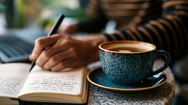 founder journaling in quiet coffee shop corner during rare afternoon away from startup office, open notebook filled with reflection on six months of wrong assumptions, pivot decision notes forming o