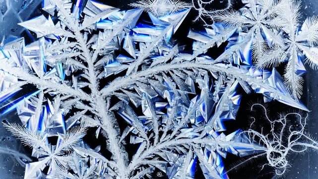 Frost dendrites growing on glass surface, ice crystallization physics science macro