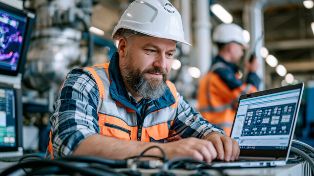 Industrial control systems specialist in hard hat kneels beside SCADA terminal inside manufacturing plant, diagnostic laptop connected via serial cable showing unauthorized command injection attempt