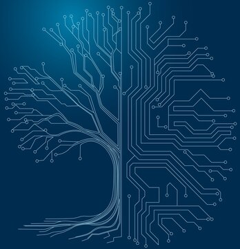 Abstract Digital Tree Made of Circuit Board Lines on Blue Background
Artificial Intelligence Tree with Electronic Circuit Network Design
Futuristic Technology Tree Symbolizing AI and Digital Connectiv