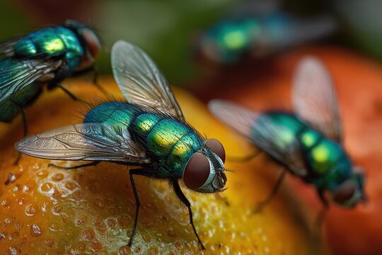 Macro close-up of cluster flies on a ripe fruit with iridescent green-blue bodies