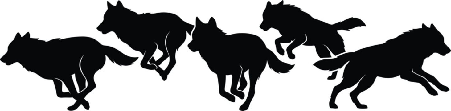Collection of Black Silhouette Wolf Poses in Motion on White Background wolves
