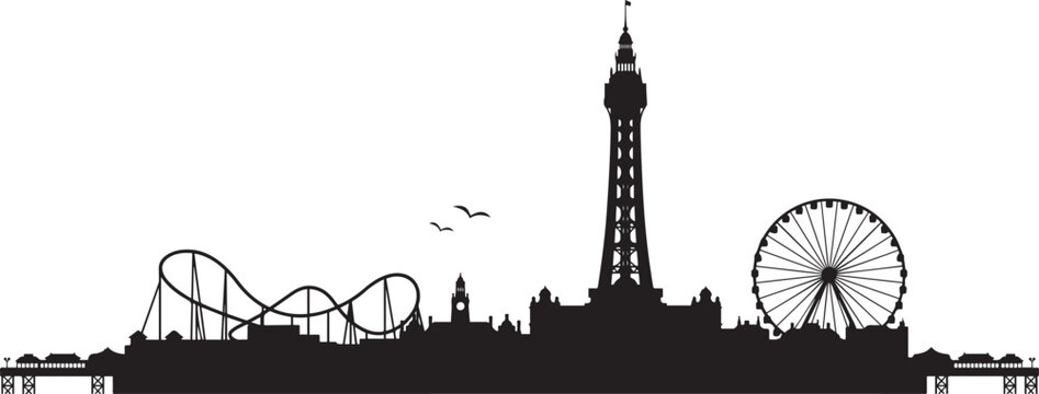Blackpool skyline horizontal banner. Black and white silhouette of Blackpool, UK. Vector Black silhouettes illustration