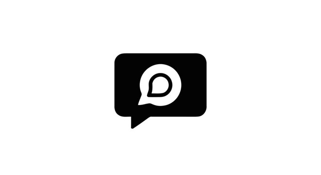 Black speech bubble with white logo.