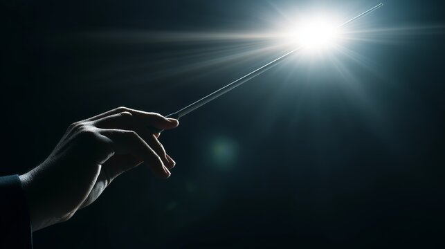 Conductor hand holding glowing baton leading symphony orchestra, symbolizing music, power, and creation
