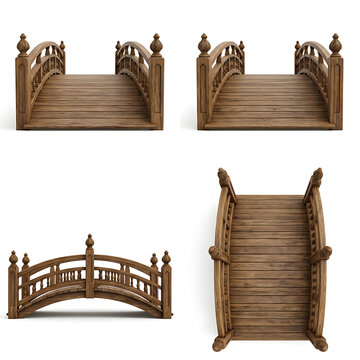 Set of isolated small wooden arched bridges for landscape design with footbridge landscape ornamental