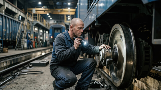 Railway mechanic inspecting train wheel with flashlight. Professional technician performing maintenance on locomotive in depot