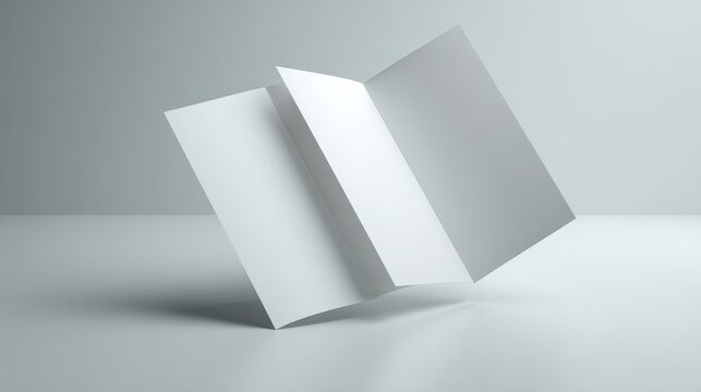 Minimalist A4 blank tri-fold brochure in a 3D render on neutral gray backdrop