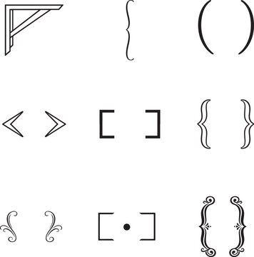 Curly brackets icon set with typography symbols for punctuation, quotes, math and text design.