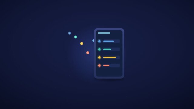 A video showcasing a mobile app interface on a dark background with colorful dots