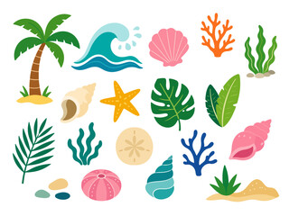 Fototapeta premium Set de elementos veraniegos de playa coloridos y simples. Doodles de vacaciones de verano con conchas, palmera, algas, coral, hojas tropicales, ola. Sticker vectorial de color plano aislado en blanco
