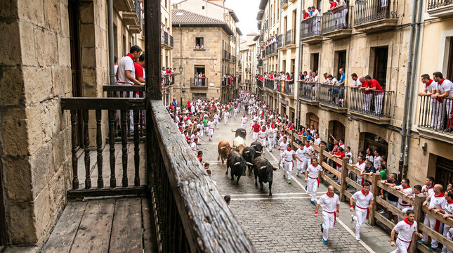 Vista elevada de un encierro tradicional desde un balc&oacute;n hist&oacute;rico.