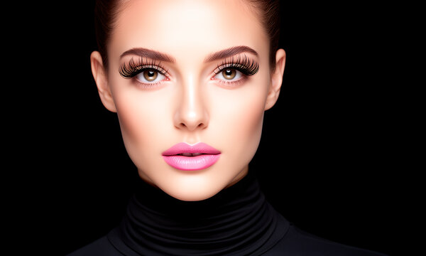 Stunning Young Woman With Perfect Makeup and False Eyelashes Isolated on Black Background