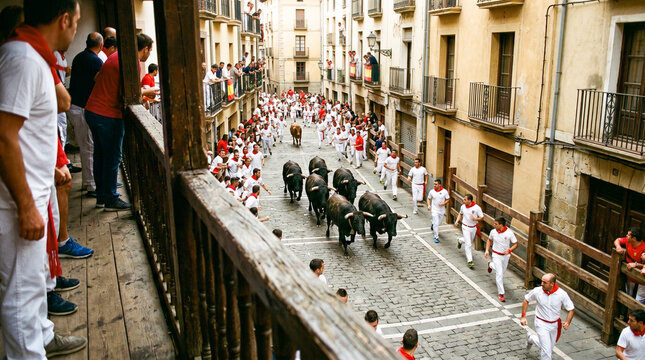 Vista elevada de un encierro tradicional desde un balc&oacute;n hist&oacute;rico.