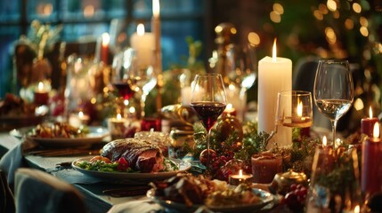 Obraz premium Celebrating special moments, a beautifully decorated dining table featuring prepared roasts, wine, and warm candlelight