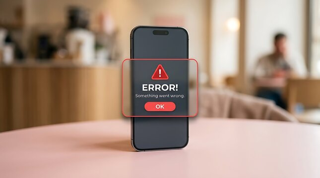 Mobile phone screen displaying a critical 'Error! Something went wrong' message, representing technical issues, application crashes, or system malfunctions.