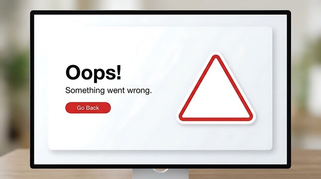 Modern computer monitor displaying a prominent 'Oops! Something went wrong' error message with a red warning sign, indicating a technical problem or system malfunction.