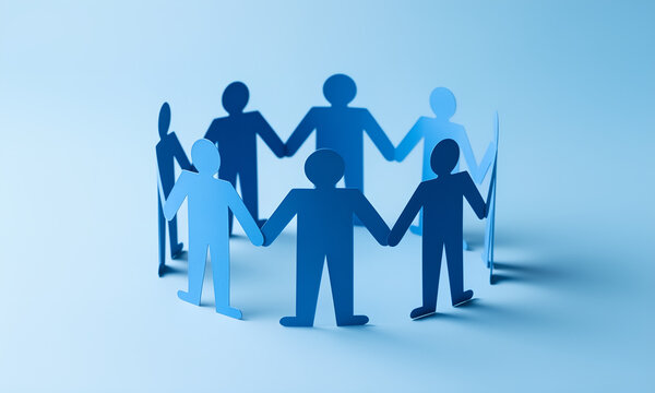 Blue paper cutout people figures holding hands in a circle representing teamwork and community