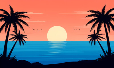 Fototapeta premium Beautiful Tropical Beach Sunset Landscape Illustration with Silhouette Palm Trees and Ocean Horizon View