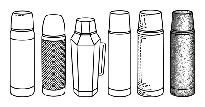 A collection of six different vacuum insulated thermos flasks illustrated in a clean black and white line style