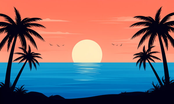 Beautiful Tropical Beach Sunset Landscape Illustration with Silhouette Palm Trees and Ocean Horizon View