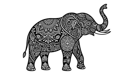 Obraz premium Intricate black and white illustration of an elephant adorned with detailed mandala patterns and tribal designs, standing with its trunk raised.