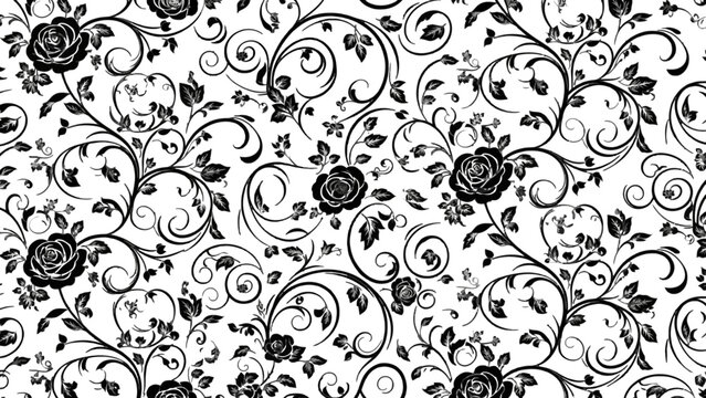 Elegant black and white seamless pattern featuring intricate rose blossoms and swirling floral vines on a clean background.