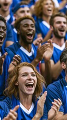 Fototapeta premium Closeup of diverse French football fans in blue jerseys singing and clapping joyfully in stadium stands reflecting the cultural passion for the beautiful game.