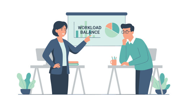 Business colleagues discussing workload balance with business workload analysis presentation corporate
