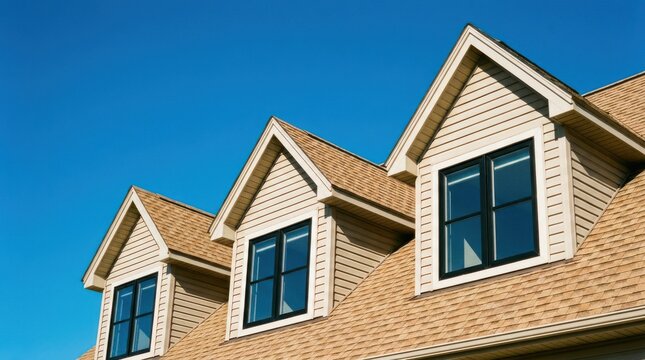 Three symmetrical dormer windows on the roof of a house against a clear blue sky.