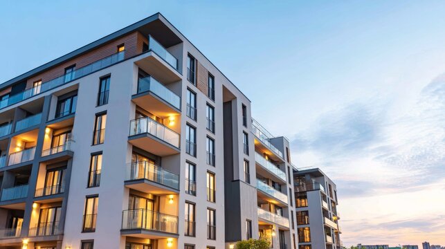 Modern residential buildings against a twilight sky, showcasing contemporary architecture and urban development