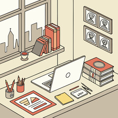 Naklejka premium Isometric illustration of a home office with a laptop books framed pictures