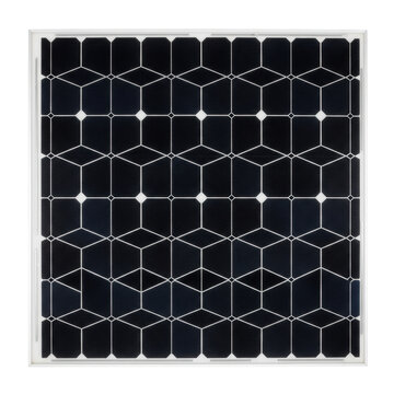 Top-down view of a solar panel grid featuring geometric dark silicon cells and thin silver busbars on a minimalist surface, concept of sustainable energy efficiency