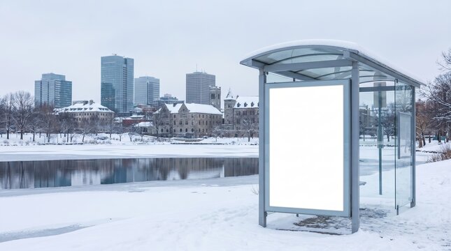 Blank Billboard Mockup at a Bus Stop in a Winter City Landscape with Skyscrapers and Frozen River