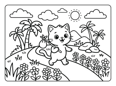Coloring page for kids with cute cat traveler, cartoon kitten walking on a path with a bindle, summer landscape with palm trees and sun