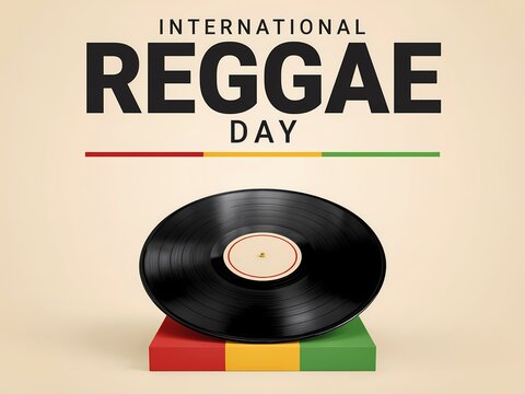 International reggae day concept with vinyl record on a block with red, yellow, and green colors