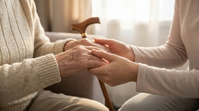 Younger person gently holding hands of elderly woman, offering comfort and support indoors by window light.
